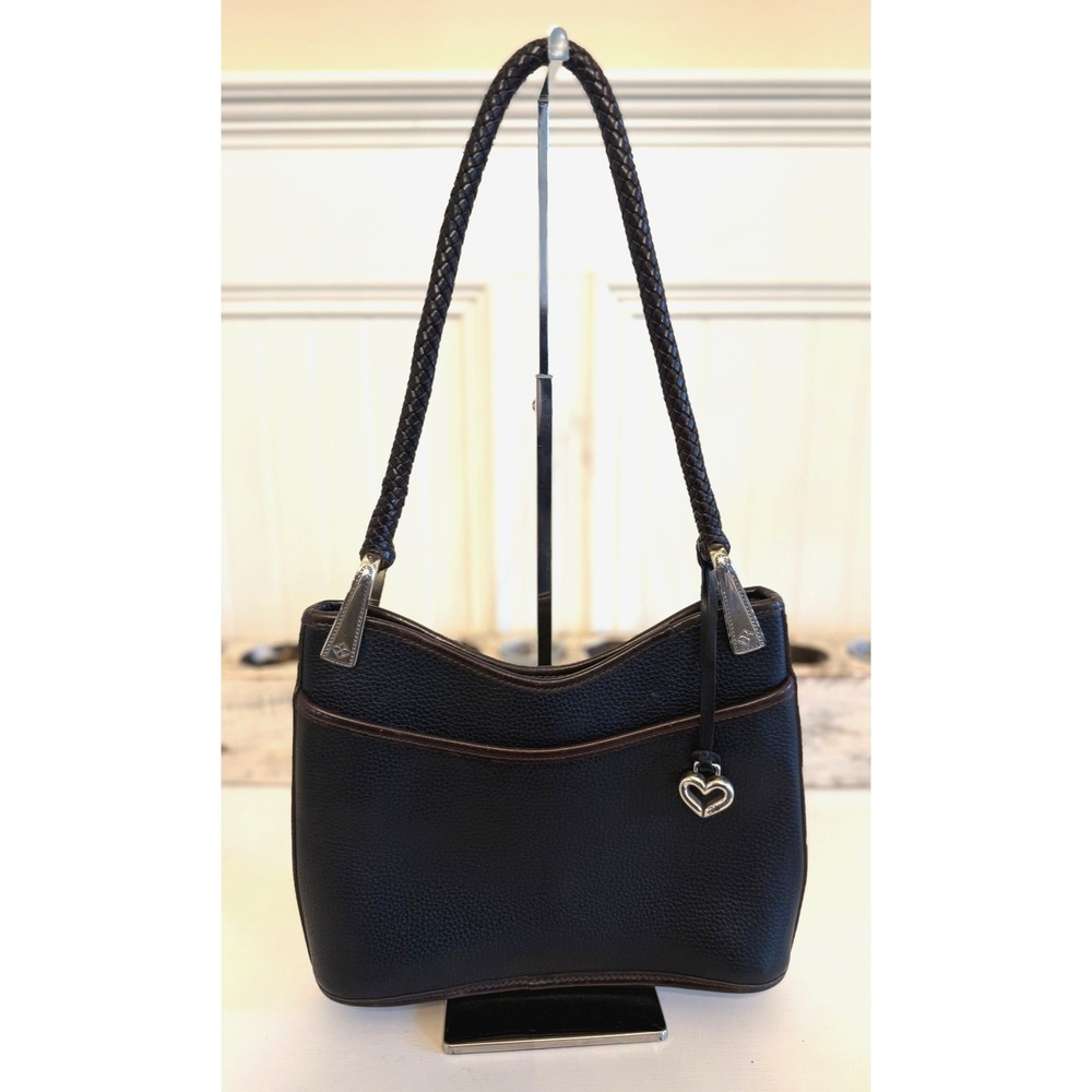 Brighton Shoulder Bag‎ Womens Small Black Leather Braided Strap Heart Charm